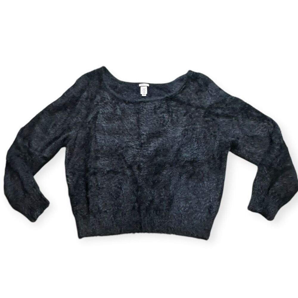 VICTORIA’S SECRET Women's Black Fuzzy Super Soft Pullover Scoop Neck Cropped Swe